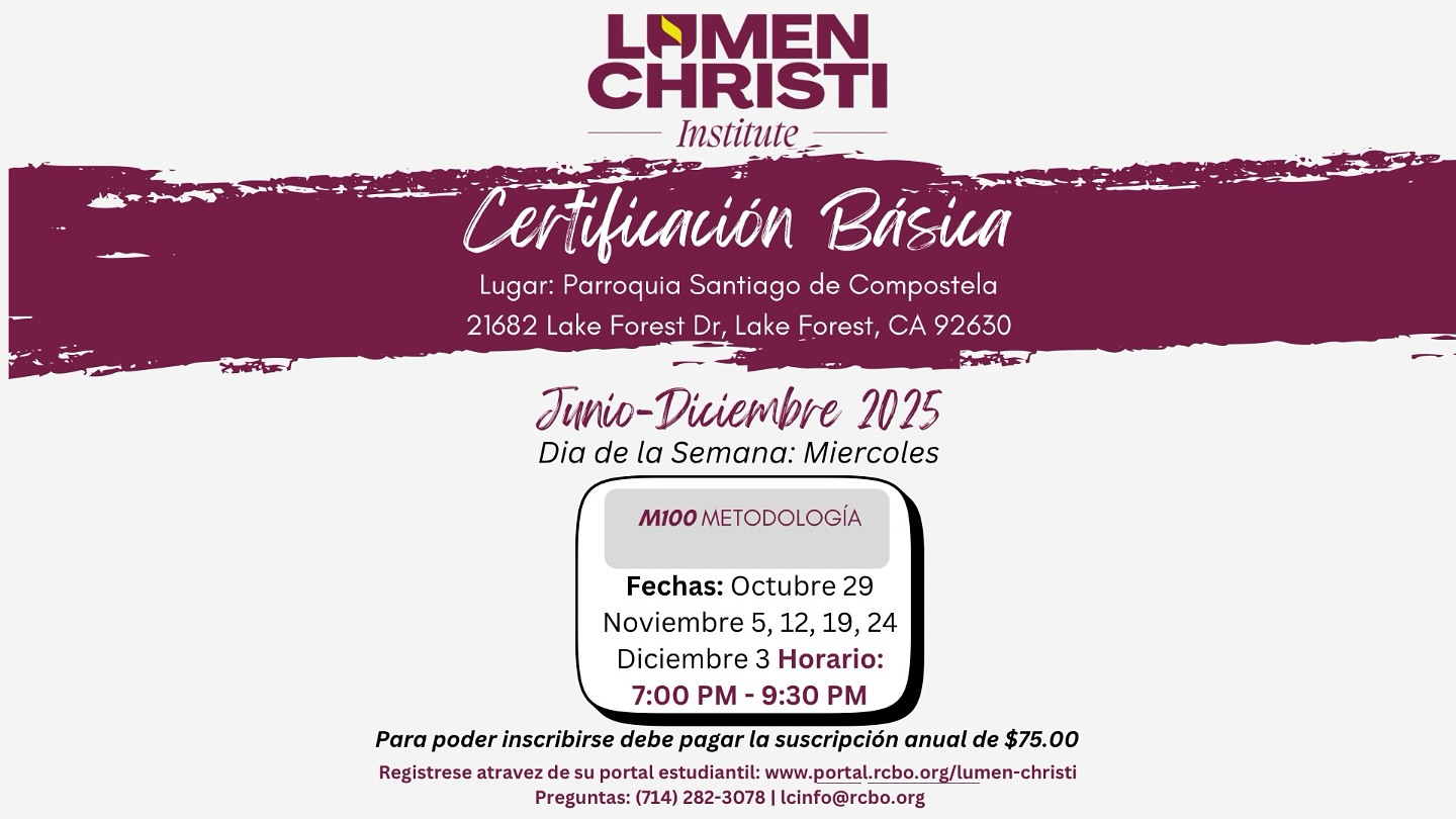 Los invitamos cordialmente a unirse al Ministerio Lumen Christi para su último módulo el miércoles 29 de octubre. No se pierda esta oportunidad de crecer en la fe, la comunión y la comprensión mientras concluimos juntos esta inspiradora serie!