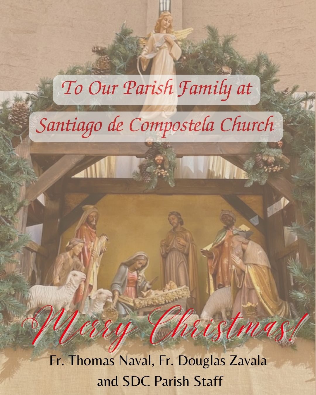 Rejoice! Our Savior is born! May the peace, hope, and joy of the Christ Child fill your hearts and homes this Christmas season.
From Fr. Thomas Naval, Fr. Douglas Zavala, and the entire SDC Parish Staff — Merry Christmas to our beloved parish family! May God bless you abundantly today and always!

¡Alégrense! ¡Ha nacido nuestro Salvador!
Que la paz, la esperanza y la alegría del Niño Jesús llenen sus corazones y hogares en esta Navidad.
De parte del P. Thomas Naval, P. Douglas Zavala y todo el personal parroquial de SDC — ¡Feliz Navidad a nuestra querida familia parroquial! Que Dios los bendiga hoy y siempre!