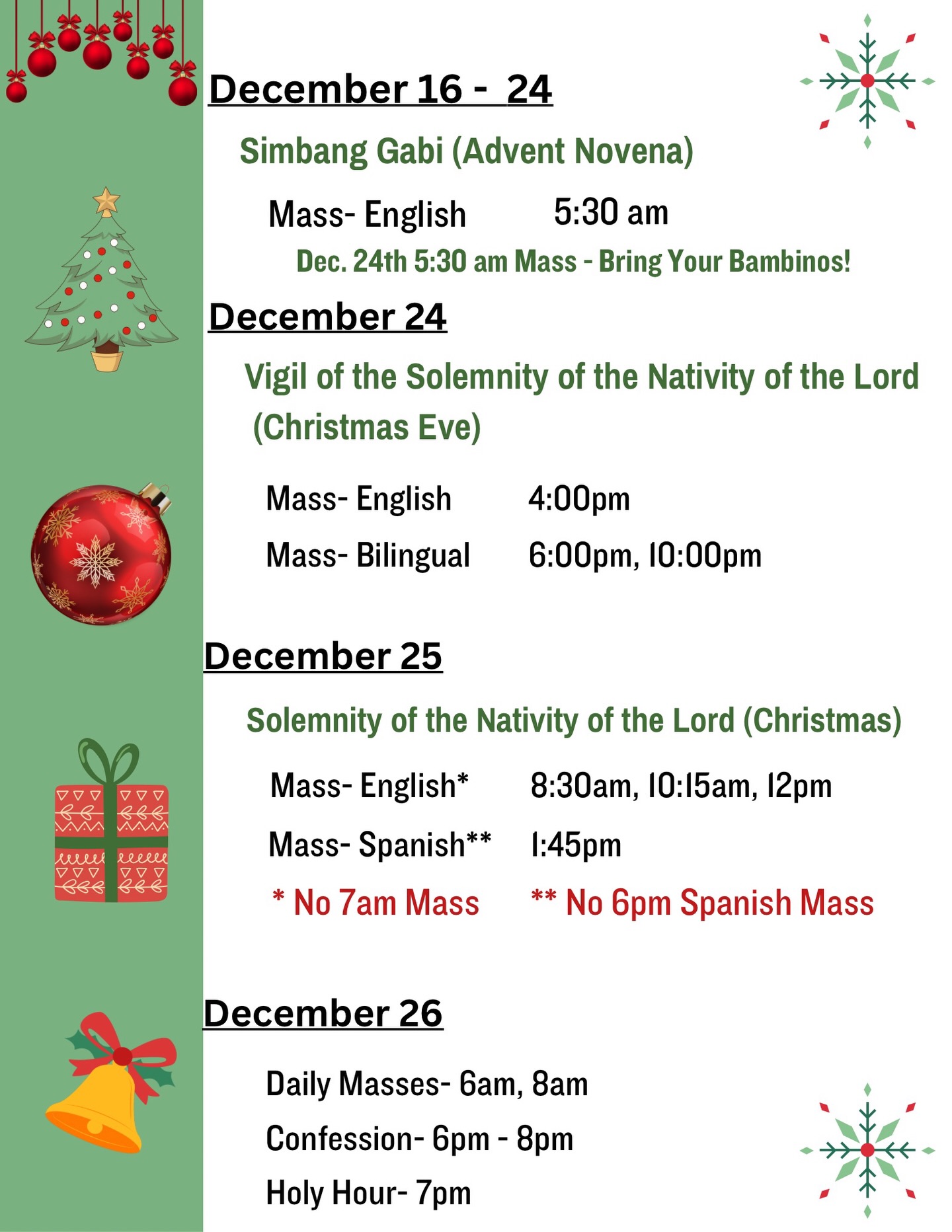 As we enter this holy season, we invite our parish family to join us in prayer and celebration as we prepare for the birth of Christ. May this time of Advent and Christmas renew our hearts with faith, hope, and joy.
Al acercarnos a este tiempo santo, invitamos a nuestra familia parroquial a unirse en oración y celebración mientras nos preparamos para el nacimiento de Cristo. Que este tiempo de Adviento y Navidad renueve nuestros corazones con fe, esperanza y alegría.