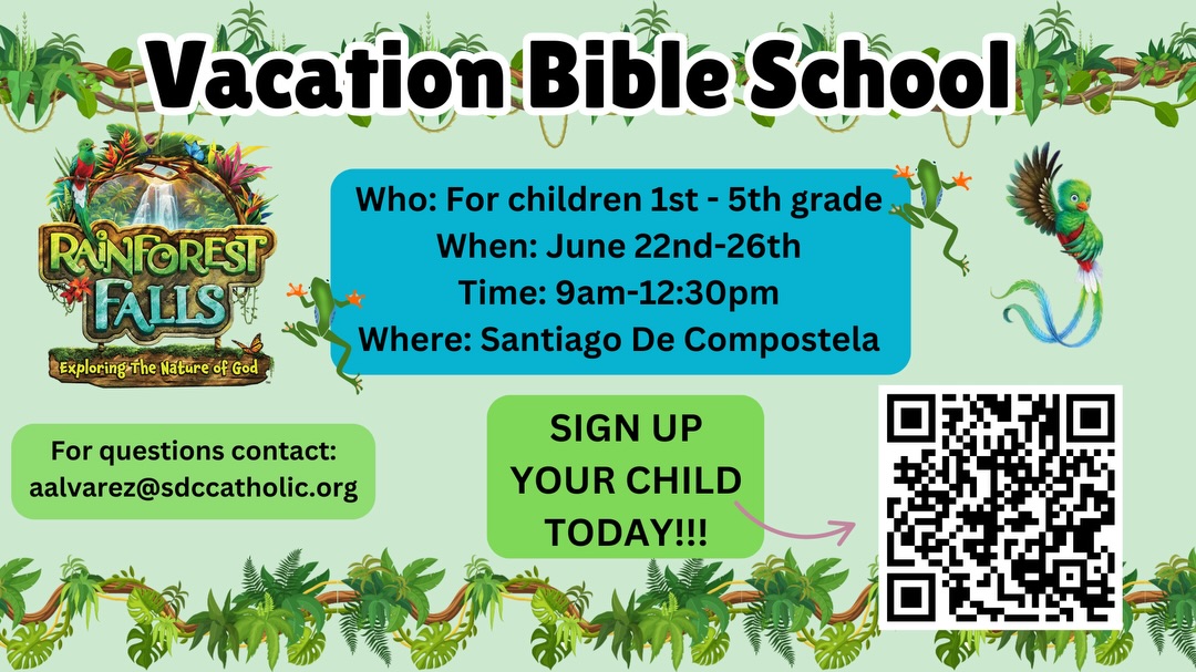 Vacation Bible School is almost here!☀️
Give your child a fun, faith-filled week exploring the beauty of God’s creation through stories, activities, and community! fo
Open to children in 1st-5th grade-don’t miss out on this exciting summer experience! Scan the QR code to register today!

¡La Escuela Bíblica de Verano ya viene!
Dale a tu hijo(a) una semana llena de fe, diversión y aprendizaje mientras descubren la belleza de la creación de Dios a través de actividades, historias y comunidad. Fe
Abierto para niños de 1º a 5º grado! No te lo pierdas!
¡Escanea el código QR para inscribirte hoy!