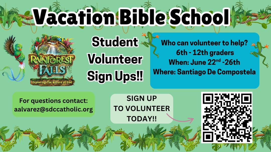 Vacation Bible School is coming! ☀️
We’re looking for student volunteers (6th-12th grade) to help make this week a fun and faith-filled experience for our younger participants! Join us for an unforgettable week of serving, growing in faith, and building community.
Scan the QR code to sign up today!

¡Ya viene la Escuela Bíblica de Verano! ☀️
Estamos buscando estudiantes voluntarios (grados 6-12) para ayudar a hacer de esta semana una experiencia llena de fe y diversión para los más pequeños.
Acompañanos en una semana inolvidable de servicio, crecimiento espiritual y comunidad.
¡Escanea el código QR para inscribirte hoy!