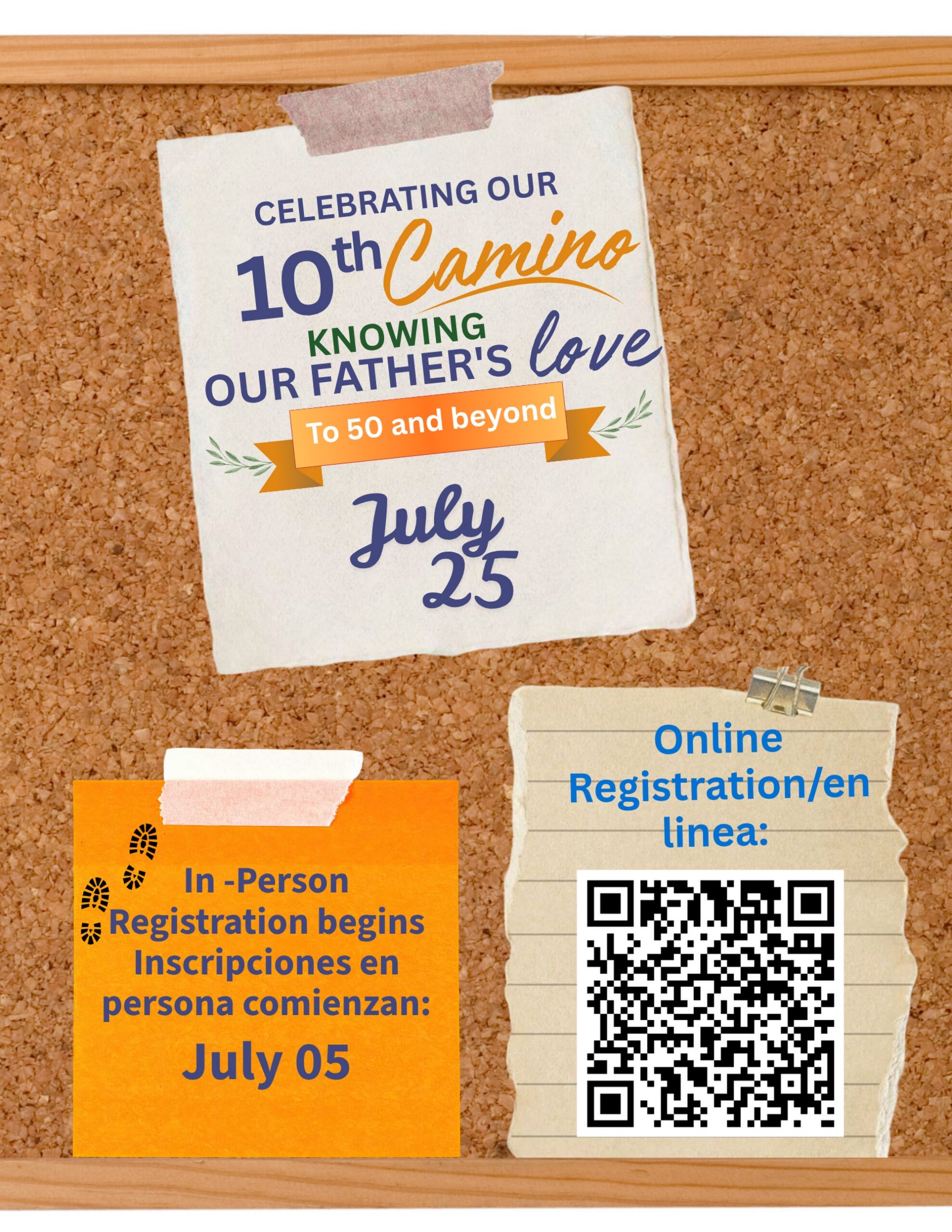 Save the date for our 10th Camino on Saturday, July 25th, the Feast Day of St. James! Online registration begins on June 15th, and on-site, in-person registration will begin on Sunday, July 5th. We look forward to walking this journey of faith together and celebrating the feast of St. James in a special way!
¡Reserve la fecha para nuestro 10.º Camino el sábado 25 de julio, Día de la Fiesta de Santiago Apóstol! Las inscripciones en línea comenzarán el 15 de junio, y las inscripciones presenciales en el lugar comenzarán el domingo 5 de julio. ¡Esperamos con alegría caminar juntos este camino de fe y celebrar de una manera especial la fiesta de Santiago Apóstol!