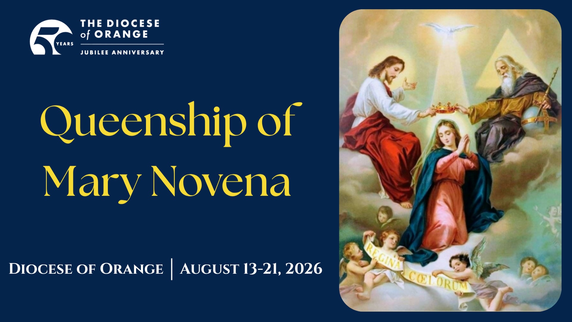 Join us in prayer for the Novena for the Queenship of Mary, beginning August 13 through August 21. The novena will be prayed daily prior to the end of the morning masses.