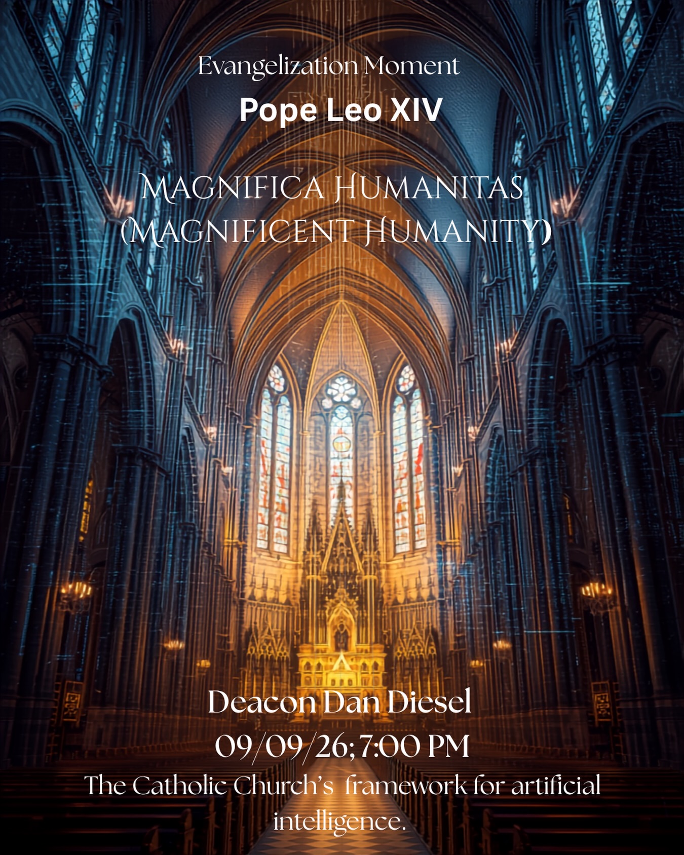 What does Artificial Intelligence mean for human dignity?
Pope Leo XIV’s Magnifica Humanitas challenges us to look beyond the possibilities of technology and ask a deeper question: Are we building a new Tower of Babel—or a world where God and humanity dwell together?
Join us for an Evangelization Moment, September 9, 2026 at 7:00 PM